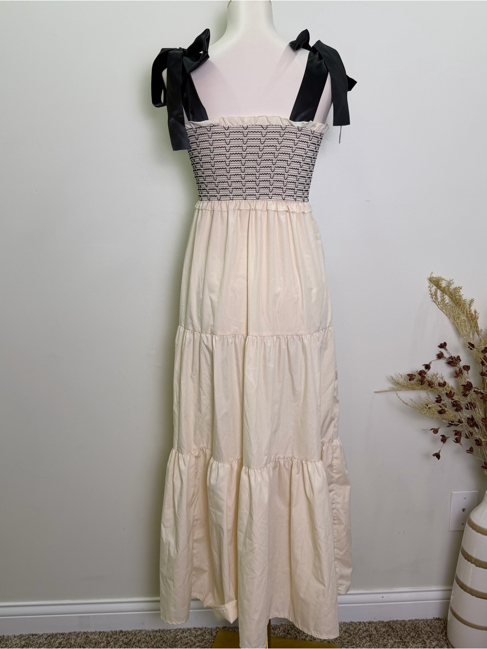 Smocked Bodice Tie-Shoulder Maxi Dress — Cream with Black Details Size Small - Picture 4 of 7